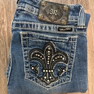 Miss Me Blue Boot Cut Jeans with Black Fleur-de-Lis